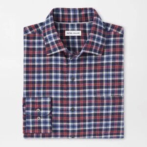 Peter Millar Navy Blue Gander Cotton Sport Shirt Button Up Plaid Red